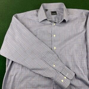 David Donahue Blue Plaid Dress Shirt Mens 18 34/35 100% Cotton Long Sleeve